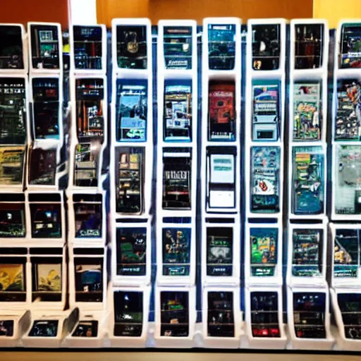 Image similar to Gameboy collection in a display case on a futuristic spaceship