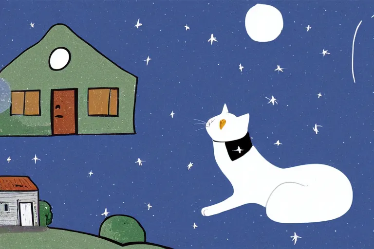 Image similar to detailed illustration of a white cat with a black spot on her trunk playing guitar, an old house with a window over a hill, blue sky, a big star falling