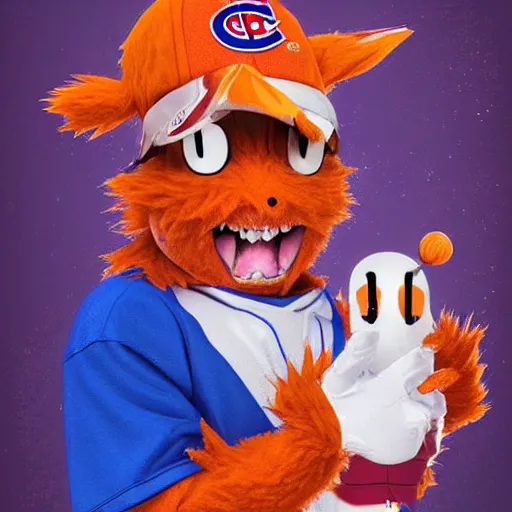 Image similar to anime Portrait of Youppi the Habs Montreal Canadiens Mascot as a very cute powerful and friendly pokemon in a Cheetos Ad, highly detailed anime, high evolution, 1990s, legendary, smooth, sharp focus, dynamic lighting, intricate, trending on ArtStation, cheetos pub, illustration pokemon, art by WLOP