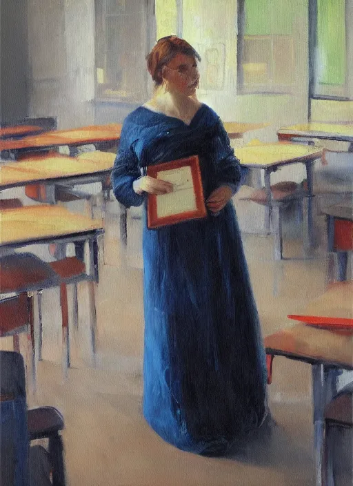 Prompt: a beautiful masterpiece painting of a teacher by juan gimenez, award winning, trending on artstation, hands out of frame