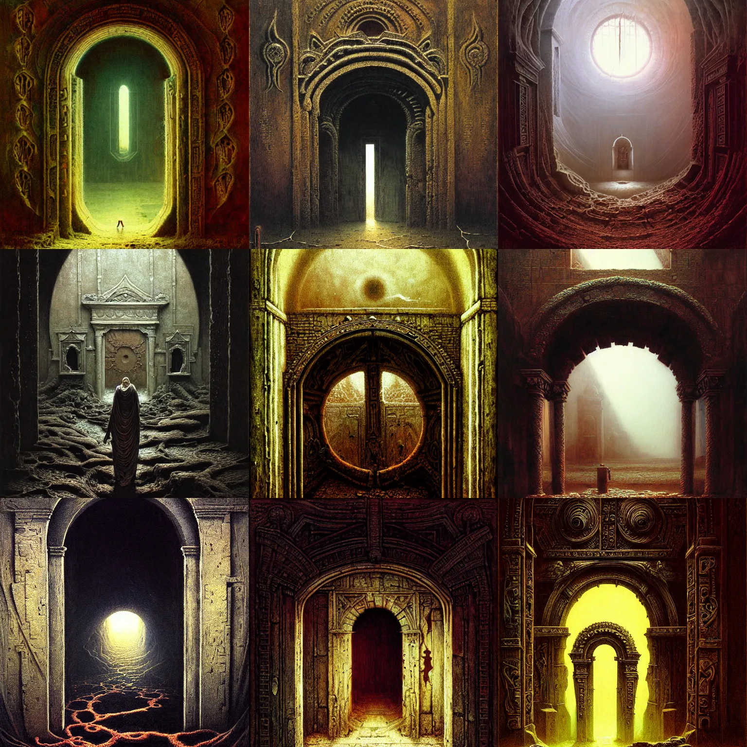 Prompt: opening of an ancient door with intricate design leading to demon world, painting, high detailed, bleak, fantasy, particles, fog, tintoretto, beksinski, masanori warugai, wlop, wide shot
