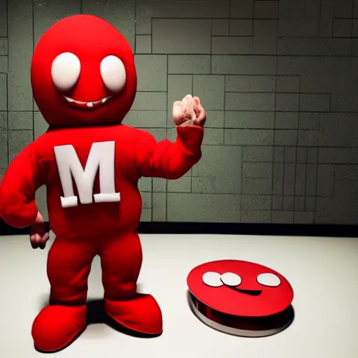 Image similar to eminem as the red m character standing on a floor coverd with m & m candies, m & m candy dispenser!!!, round red m & m figure, m & m mascot, m & m figure, m & m plush, unreal engine, studio lighting, figurine, unreal engine, volumetric lighting, artstation, cosplay, by hans bellmer