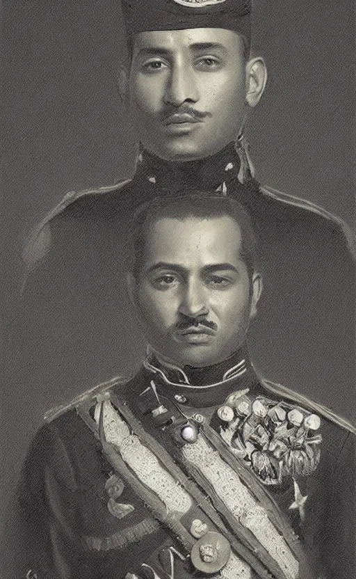 Image similar to official portrait of a hispanic man wearing a ceremonial uniform, male, cheerful, detailed face, 19th century, highly detailed, digital art painting by greg rutkowski