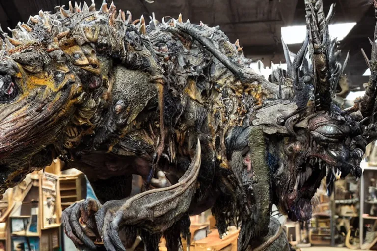 Image similar to photo taken of an epic intricate, ultra detailed, super realistic gritty, hero prop, exquisitely painted animatronic movie prop of a nightmarish hellish creature displayed in the workshop, created by weta workshop, full body shot, photorealistic, sharp focus