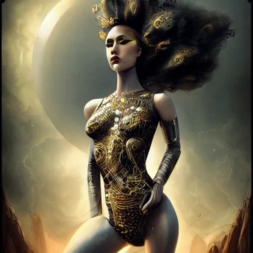 Prompt: Ultrarealist aesthetic, detailed face illustration of a very beautiful dollpunk wearing Abstract tech bodysuit, in front of a ruined city, focus, realistic eyes, symmetric body features proportions, golden ratio, ultra intricate details, award winning, unreal render, by Tom Bagshaw