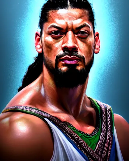 Image similar to face portrait of roman reigns as a muscular stephen curry, wearing a haori, by wlop and peter mohrbacher, dramatic action pose, extremely detailed shading, concept art, digital painting, trending on artstation, unreal engine 5, octane render, atmosphere, glow, cinematic lighting, full of color