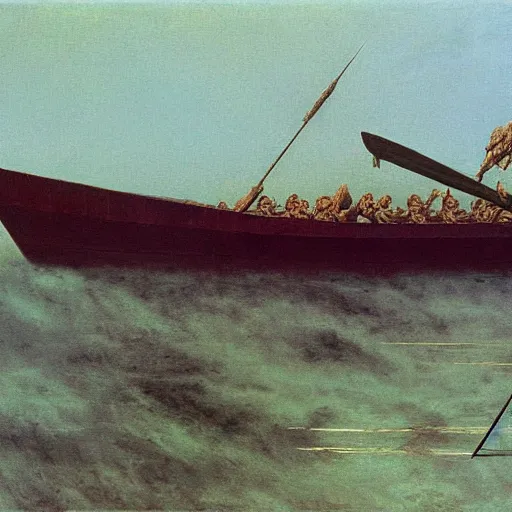 Prompt: a combat skiff by Zdzisław Beksiński, oil on canvas