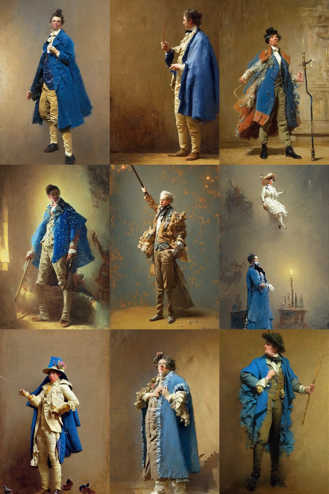 Prompt: a victorian era artist with a blue cape, stars, sincere, modern maximalist suit, is ( ( holding a cane ) ). light dust, magnificent, hyperdetailed, theatrical, painted by jean honore fragonard and greg rutkowski