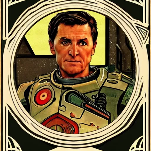 Prompt: art nouveau master chief in the style of norman rockwell