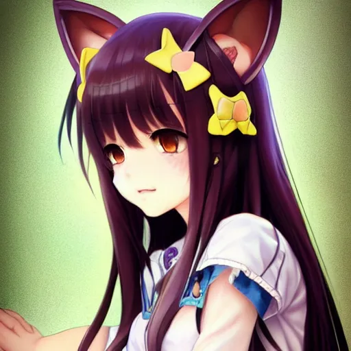 Image similar to nekopara fantastically detailed eyes cute girl portrait with fantastically detailed cat ears!!!!!!!!!!!! dressed like a cat modern anime style, made by Laica chrose, Mina Petrovic, Ross Tran, WLOP, Ruan Jia and Artgerm, Range Murata and William-Adolphe Bouguereau, Cell shading modern anime trending professional digital art unreal Engine Fantasy Illustration. award winning, Artstation, intricate details, realistic, Hyperdetailed, 8k resolution