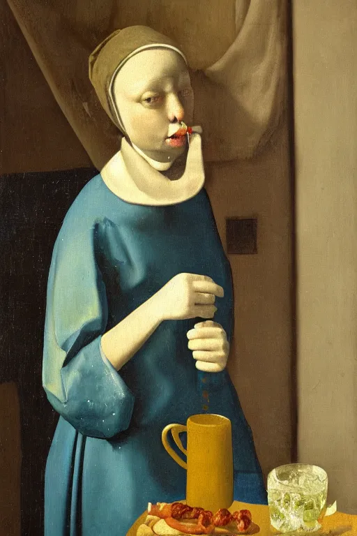 Prompt: person in frog pants drinking hotdog water, vermeer, oil on canvas