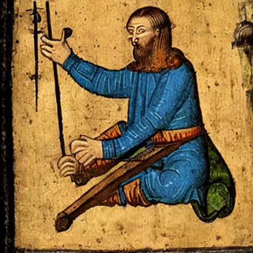 Image similar to Medieval painting of a man listening to sick beats on his headphones