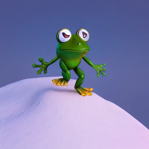 Prompt: 3 d octane render chibi frog character skiing down a mountain, pixar style