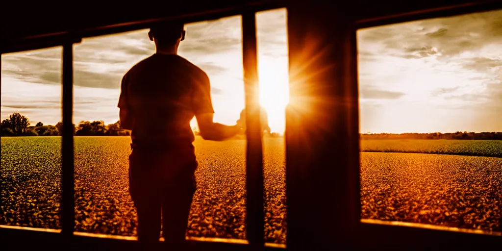 Image similar to the sunset's light beams through a window, tom holand, action pose, outside in a farm, medium close up shot, depth of field, sharp focus, waist up, movie scene, anamorphic,