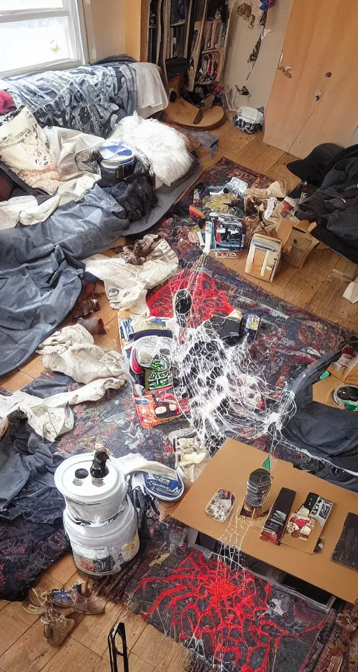 Image similar to home for eight legged lads, unfurnished house, spiderwebs, beer cans, blanket and vape on floor