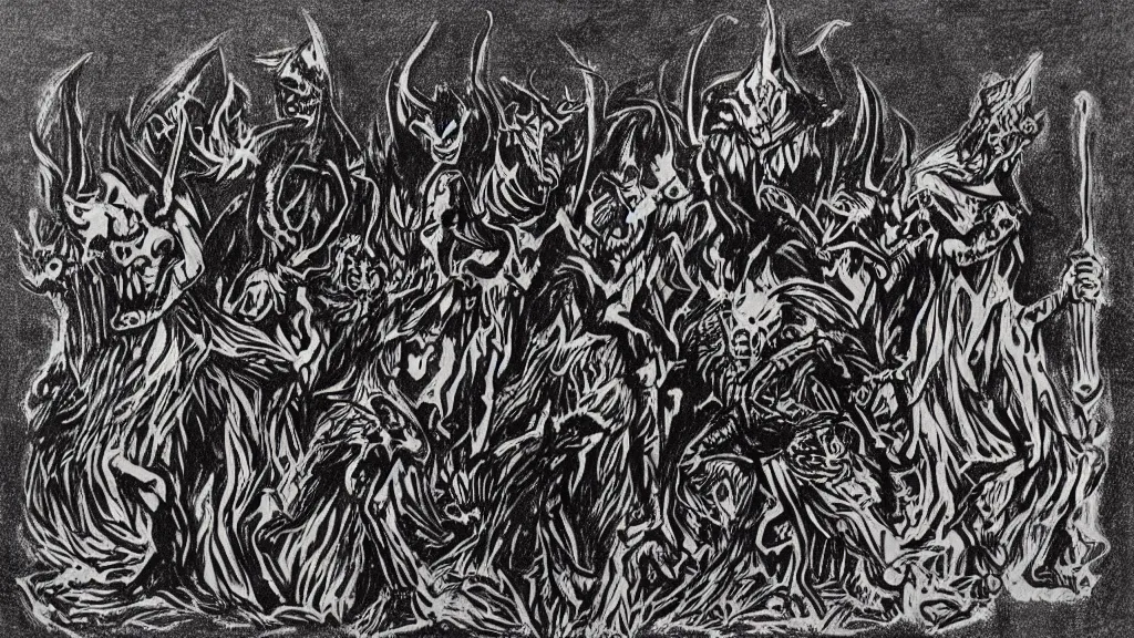 Prompt: a Scratch art of a demons in a funeral