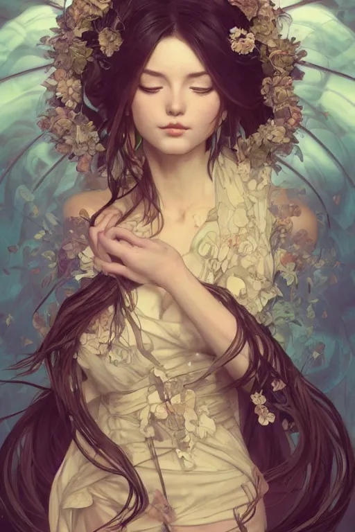 Image similar to full body emotional meditation goddess in the style of artgerm, wlop, greg rutkowski, alphonse mucha and ayami kojima, realistic details, volumetric lighting, very very very very beautiful symmetrical face, seductive look, trending on artstation, artstationhd, artstationhq, unreal engine, 4 k, 8 k
