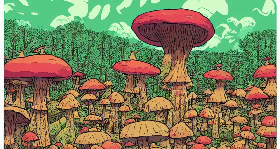 Image similar to A tribal village in a forest of giant mushrooms, by Jhonen Vasquez