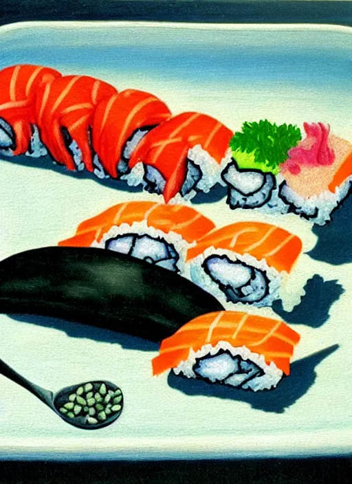 Prompt: dadaist, surrealist painting of disproportionate sushi