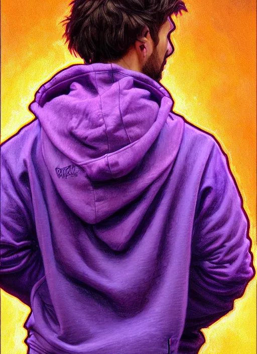 Image similar to young man in a purple hoodie, back view, messy short brown hair, colourful, oil painting, intricate, elegant, highly detailed, lighting, painting, artstation, smooth, illustration, art by greg rutowski and alphonse mucha