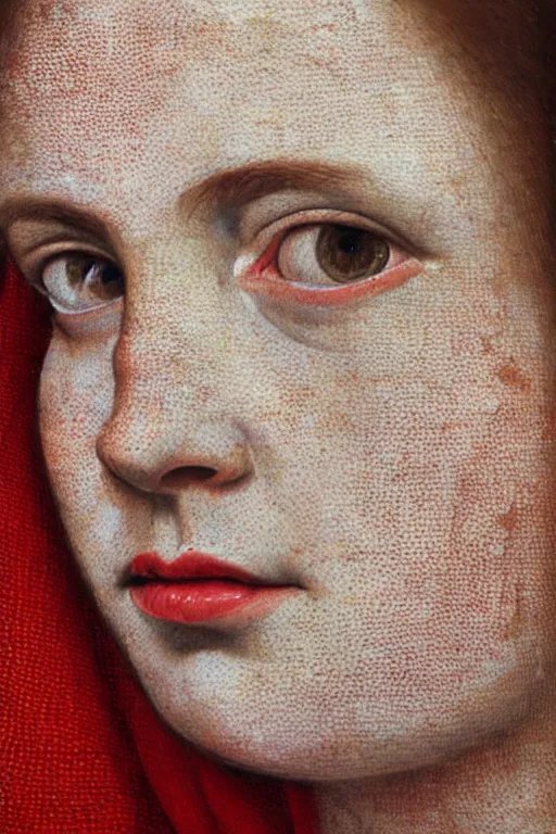 Prompt: hyperrealism extreme close-up portrait of medieval female with freckles, in red paint, pale skin, wearing dark silk, in style of classicism