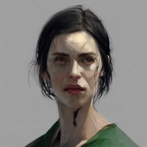 Prompt: Portrait of a woman by Greg Rutkowski, she is about 30 years old, pretty, messy black bob hair, pale round face, tired green eyes and she is wearing a black utilitarian jumper jumpsuit, highly detailed portrait, digital painting, artstation, concept art, smooth, sharp foccus ilustration, Artstation HQ.