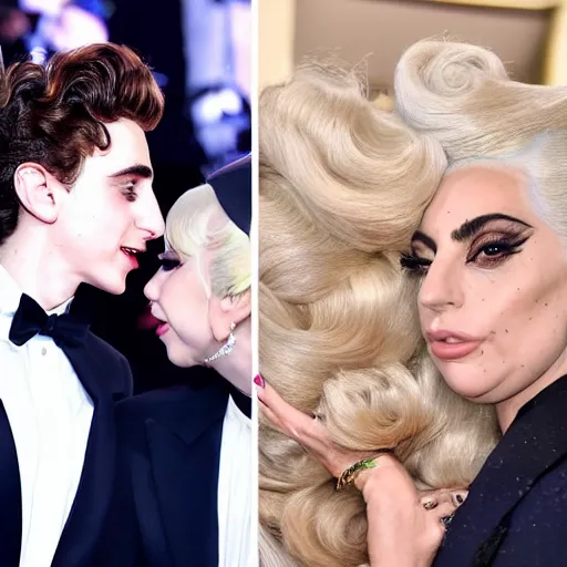 Image similar to timothee chalamet and lady gaga meet eachother, highly beautiful faces, highly detailed