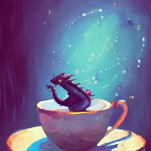 Image similar to tiny jeweled dragon sitting in a teacup, painting by alena aenami