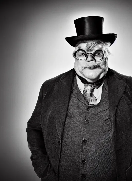 Prompt: seymour hoffman as Mayor Humdinger wearing a tophat in the style of Lee Jeffries, award-winning, detailed, Sony a7R