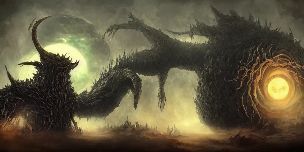 Image similar to concept art of giant kaiju, japanese, lots of teeth, melting horror, round moon, rich clouds, fighting the horrors of the unknown, mirrors, very detailed, volumetric light, mist, grim, fine art, decaying, textured oil over canvas, epic fantasy art, very colorful, ornate, anato finnstark