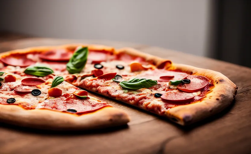 Prompt: a pizza on wooden table, natural light, cinematic lighting, 8 k