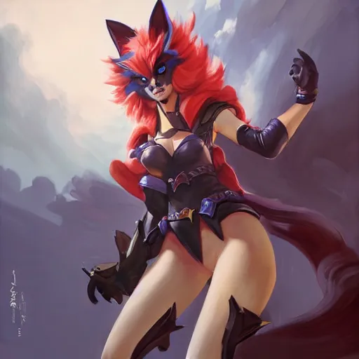 Image similar to greg manchess portrait painting of partially armored ahri from league of legends as overwatch character, medium shot, asymmetrical, profile picture, organic painting, sunny day, matte painting, bold shapes, hard edges, street art, trending on artstation, by huang guangjian, gil elvgren, ruan jia, randy vargas, greg rutkowski, gaston bussiere