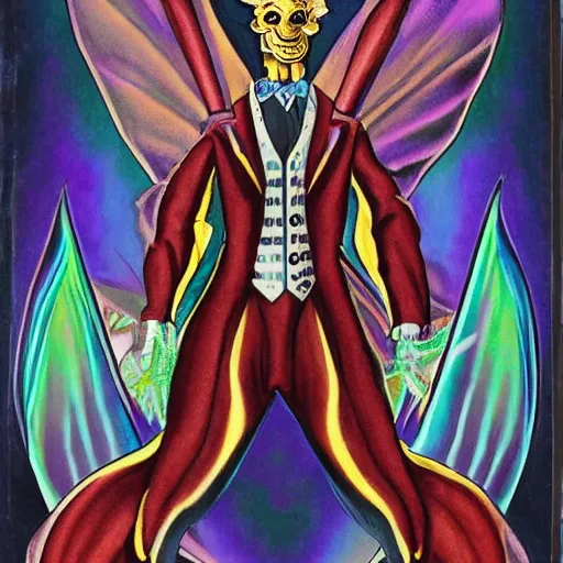 Prompt: a iron devil with infernal devil wings in an iridescent chameleon - colored suit with a pearly hue