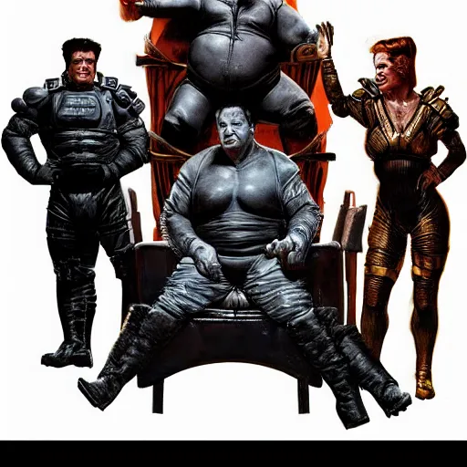 Image similar to sylvester stallone as baron harkonnen wearing a leather spacesuit and sitting on a throne flanked by dark armoured warrior women, by normal rockwell and greg staples and craig mullins, science fiction character concept art, artstation - H 832