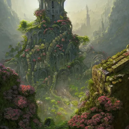 Prompt: forgotten stone city on a hill that rises up from the plain. the stone is carved into intricate patterns: spirals and flowers, vines and knots. towers high above, archways, strange trees and flowers. a beautiful and vivid and colorful andreas rocha and peter mohrbacher acrylic painting, trending on artstation