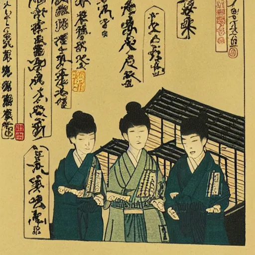 Prompt: Japanese woodblock print of a brewery full of westies