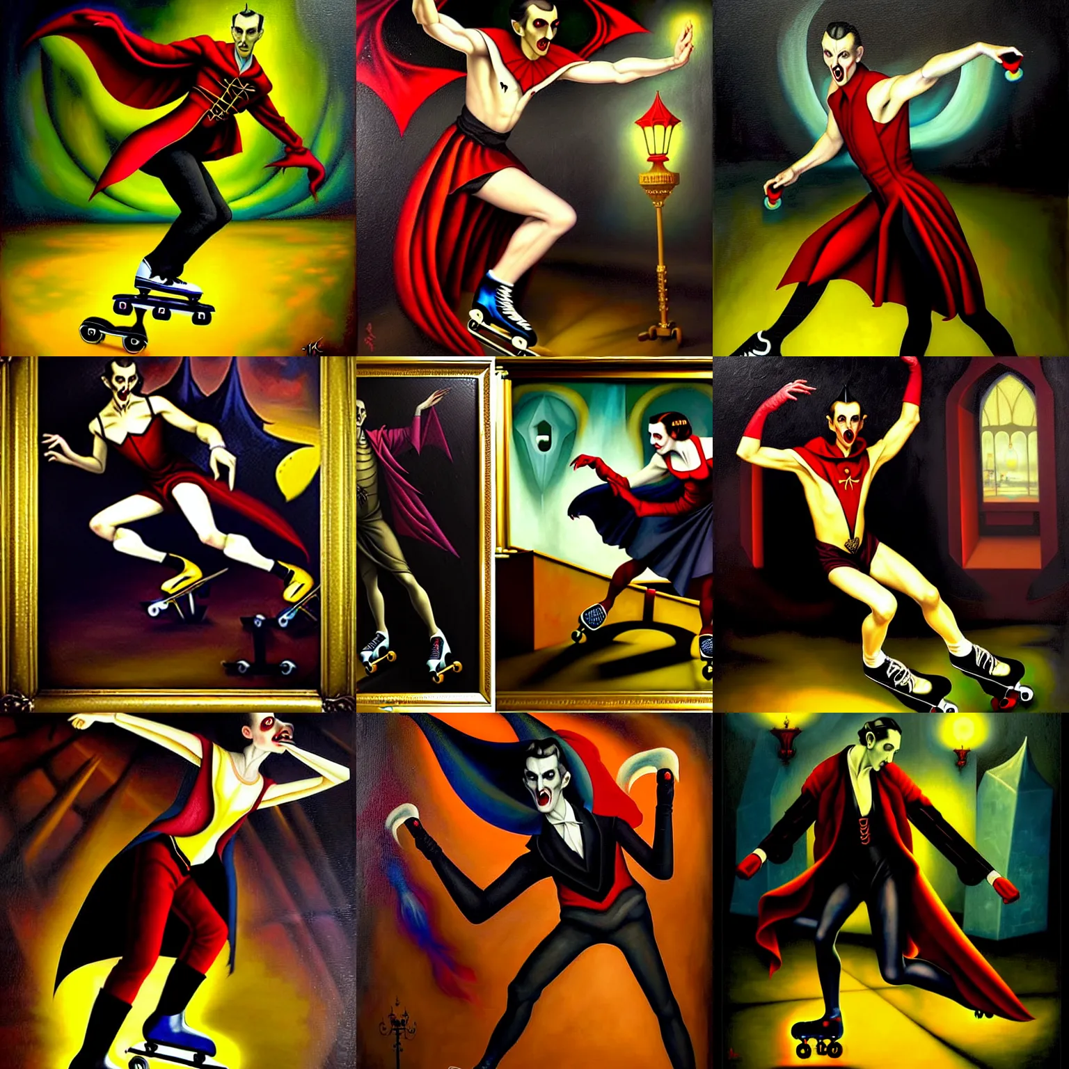 Image similar to dynamic composition, a painting of dracula the vampire skating on roller skates in a medieval roller rink, a surrealist painting by tom bagshaw and jacek yerga and tamara de lempicka and jesse king, featured on cgsociety, pop surrealism, surrealist, dramatic lighting, wiccan, full body portrait, pre - raphaelite, ornate gilded details