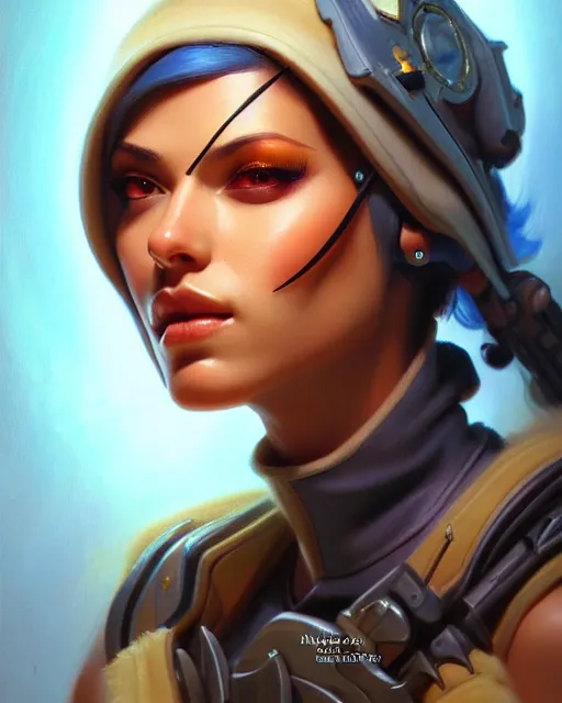 Image similar to ana from overwatch, character portrait, portrait, close up, highly detailed, intricate detail, amazing detail, sharp focus, vintage fantasy art, vintage sci - fi art, radiant light, caustics, by boris vallejo