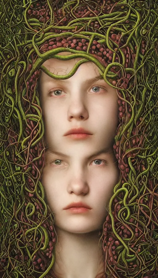 Image similar to very detailed portrait of a 2 0 years old girl surrounded by tentacles, the youg woman visage is blooming from fractal and vines, by gottfried helnwein