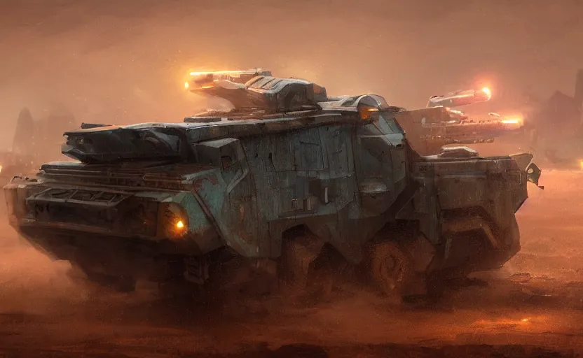 Image similar to an image of an armored vehicle in the night desert with blue headlights on by paul chadeisson, greg rutkowski, atmospherical, stormy weather, concept art, high detail, intimidating, cinematic, artstation trending, octane render