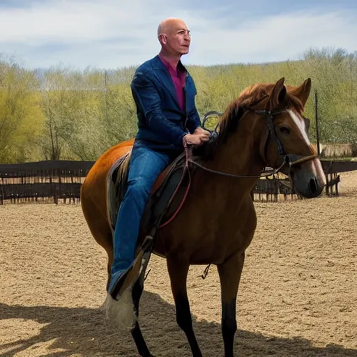 Prompt: Jeff Bezos riding a horse holding his acoustic guitar