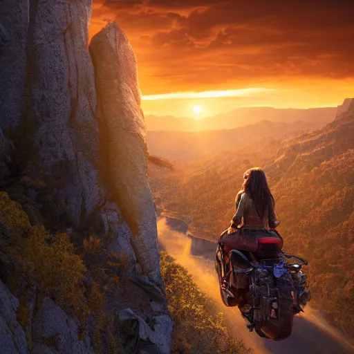 Prompt: spirit, from the spirit movie, with the girl lucky on his back riding next to a canyon into the sunset, movie poster, intricate detail, 8 k, trending on artstation, octane render