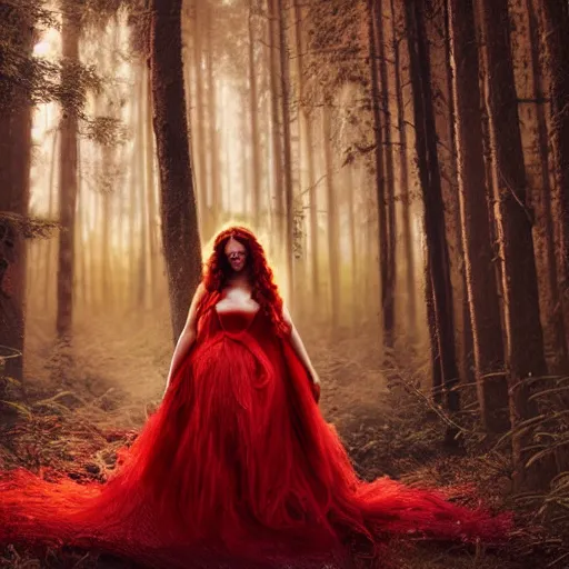 Image similar to beautiful woman with long curly red hair in elaborate gown, rim lit, forest, moon in background, photo realistic, cinematic atmosphere, octane render, 8 k, ethereal, dramatic lighting