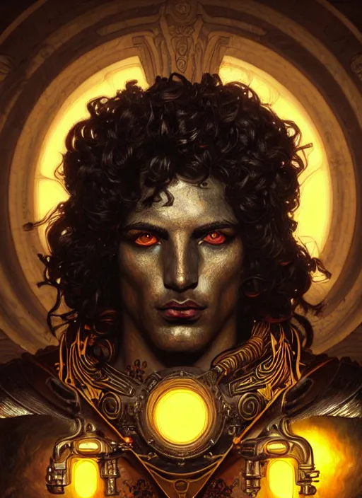 Image similar to portrait of greek god ares, black curly hair, glowing eyes, volumetric lights, war, weapons, yellow red scheme, art nouveau botanicals, gothic, intricate, highly detailed, digital painting, artstation, concept art, smooth, sharp focus, symmetric face, illustration, steampunk, art by artgerm and greg rutkowski and alphonse mucha