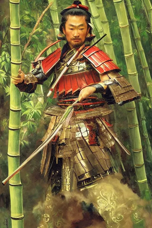 Image similar to close up of samurai warrior in full armor, in a bamboo forest, by vladimir volegov and alexander averin and delphin enjolras and daniel f. gerhartz