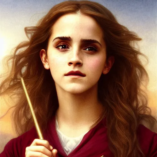 Prompt: Painting of Emma Watson as Hermione Granger. Extreme close up. Art by william adolphe bouguereau. During golden hour. Extremely detailed. Beautiful. 4K. Award winning.