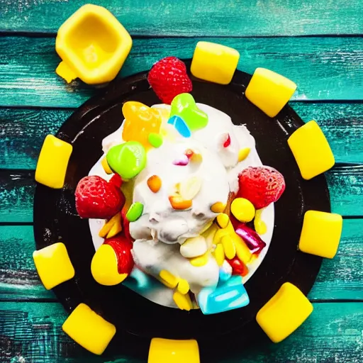 Image similar to high quality photo of the best ice cram sundae in the world on a yellow tray on a green table with a clean background