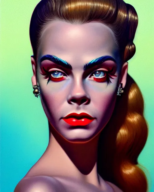Image similar to closeup profile portrait of a 1 9 5 0 s cara delevigne wearing a bikini, mark ryden, lostfish, max fleischer, hyper realistic, artstation, illustration, digital paint, matte paint, vivid colors, bright, cheerful, detailed and intricate environment