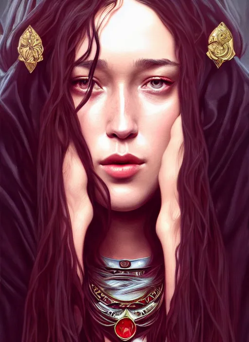 Image similar to portrait of alycia debnam - carey as a vampire lord, jewelry, greek, ruby, intricate, headshot, highly detailed, digital painting, artstation, concept art, sharp focus, cinematic lighting, illustration, art by artgerm and greg rutkowski, alphonse mucha, cgsociety