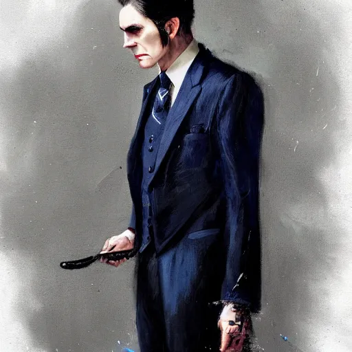 Prompt: A painting of a vampire dressed in a dark blue three piece suit with a red tie, 40 years old, ponytail, black hair, some grey in the hair, detailed, oil paint, by Greg Rutkowski, trending on artstation